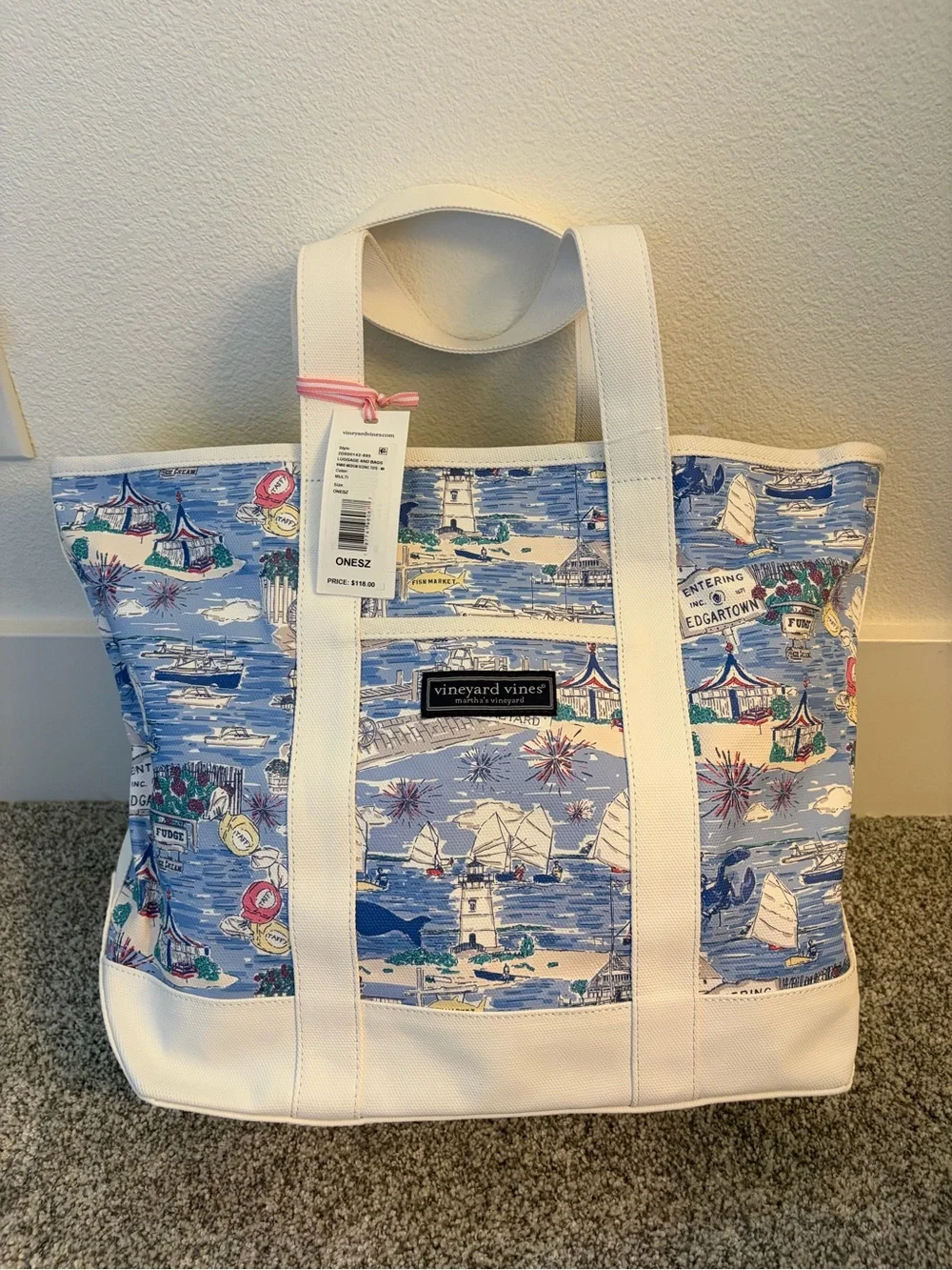Vineyard Vines Blue Coastal Scene Canvas Tote with White Trim - Picture 4 of 7
